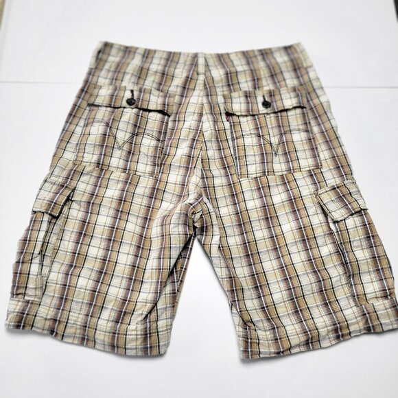 Levi’s Cargo Shorts Size 36 Plaid 100% Cotton Tan White Brown 11” Inseam - Picture 2 of 11